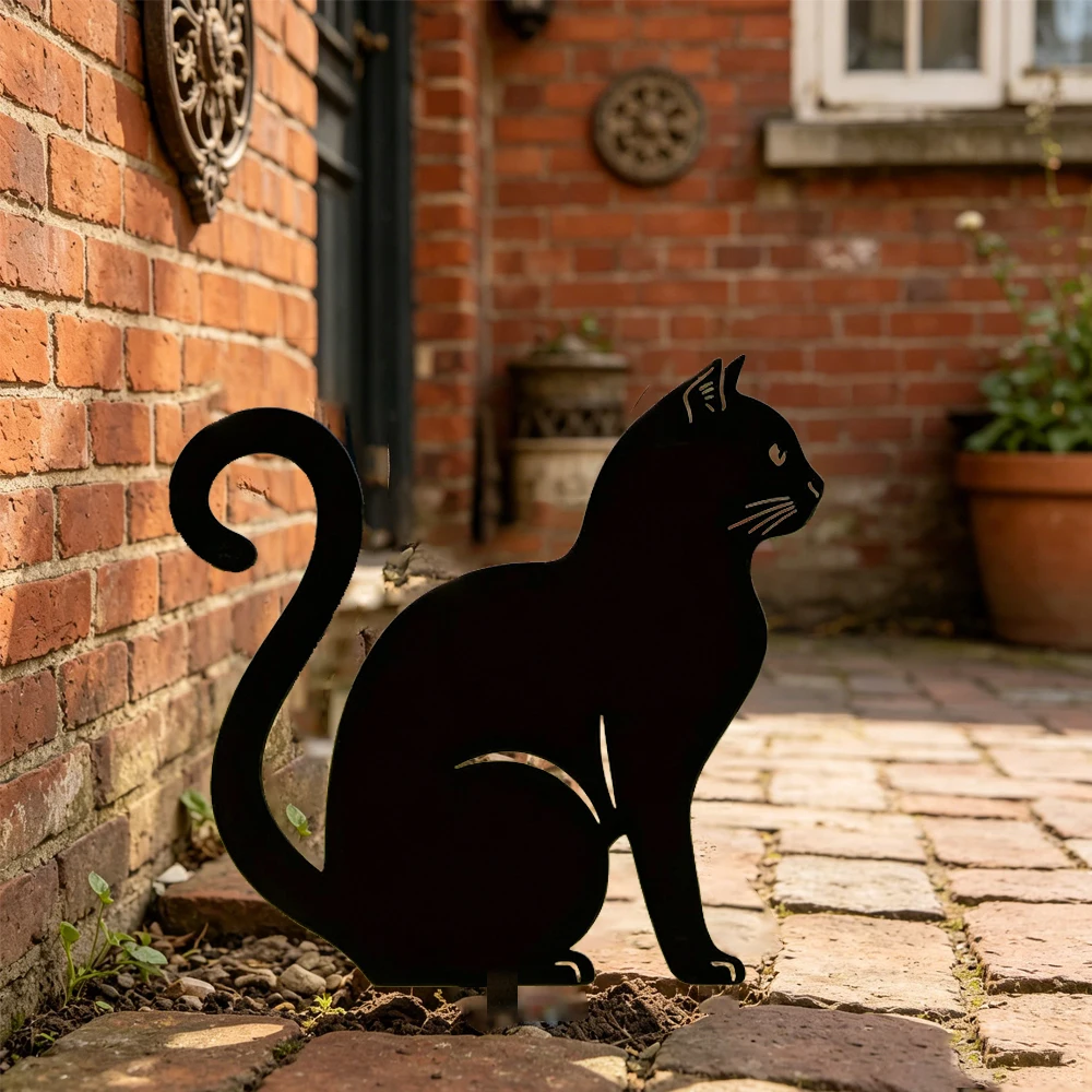 Piquet de jardin en métal silhouette de chat noir, décoration extérieure pour jardin, piquet en métal chat noir pour extérieur, décor pour pelouse et allée de jardin