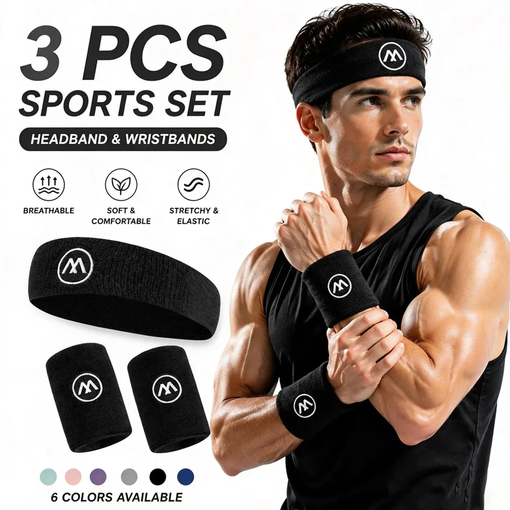 Ensemble de 3 bandeaux de sport, bandeau et bandeaux de poignet, accessoires de sport en tissu éponge absorbant pour la course à pied, le tennis, le basketball, la salle de sport.