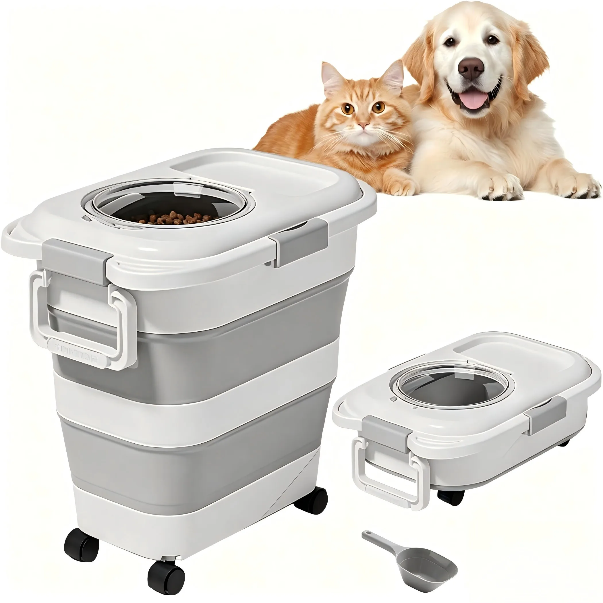 Conteneur hermétique pliable pour aliments pour chiens, avec roues attachables, poignée portable, pelle à nourriture pour chiens, chats, oiseaux, animaux de compagnie, conteneur de stockage d'aliments secs