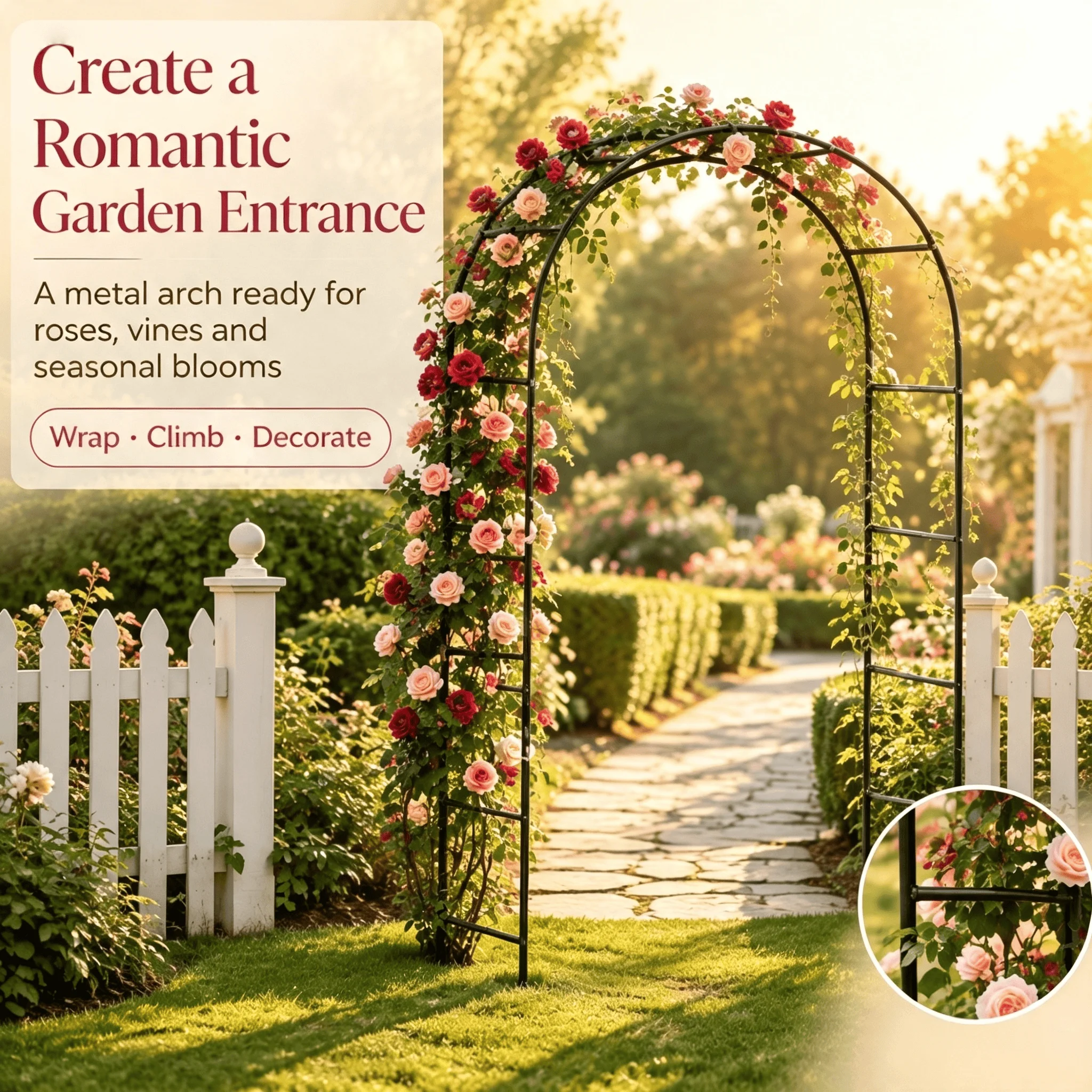 Arche de jardin en métal robuste de 2,4 m, treillis résistant à la rouille et aux intempéries, support de plantes grimpantes, grande arche de jardin extérieure pour roses, vigne, clématites, décoration de jardin, pelouse, patio, mariage, fête