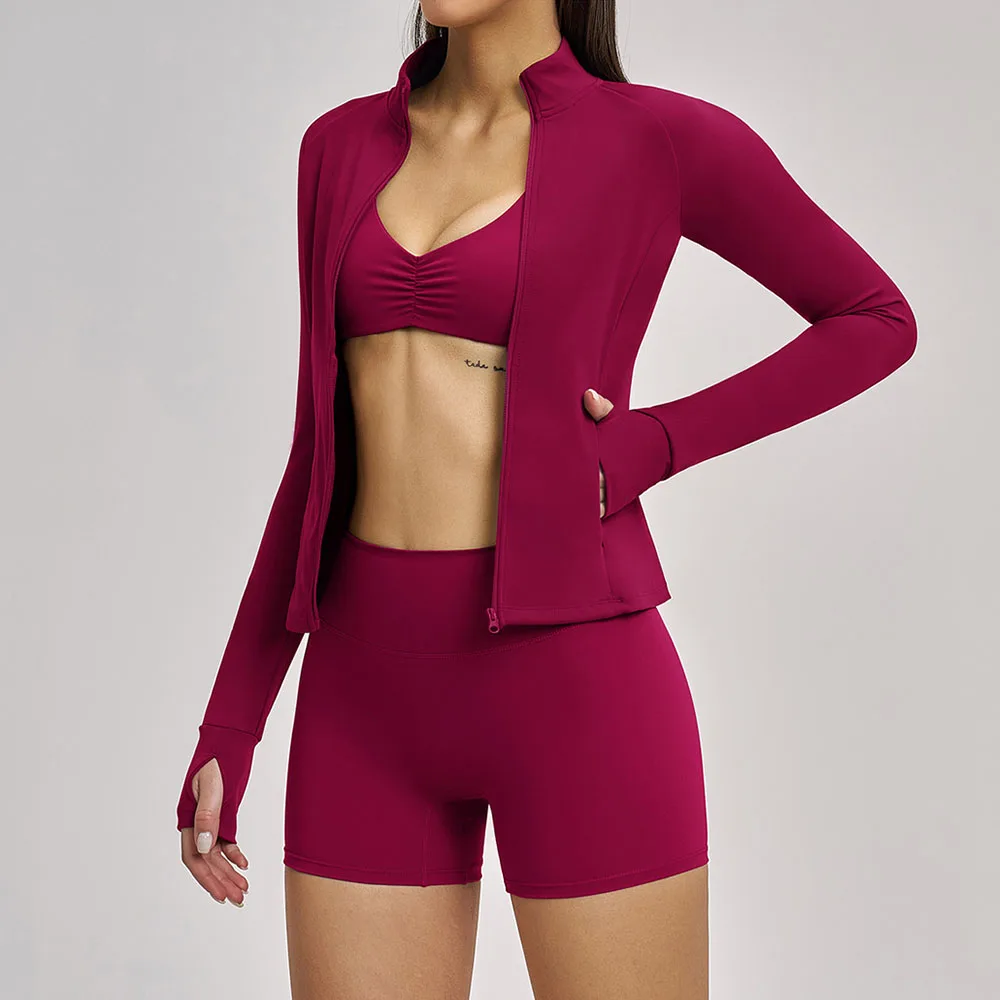 Ensemble de sport yoga 3 pièces pour femme : soutien-gorge de sport antichoc, short de fitness taille haute, ensemble de yoga à manches longues, vêtements de course et de sport pour la gym
