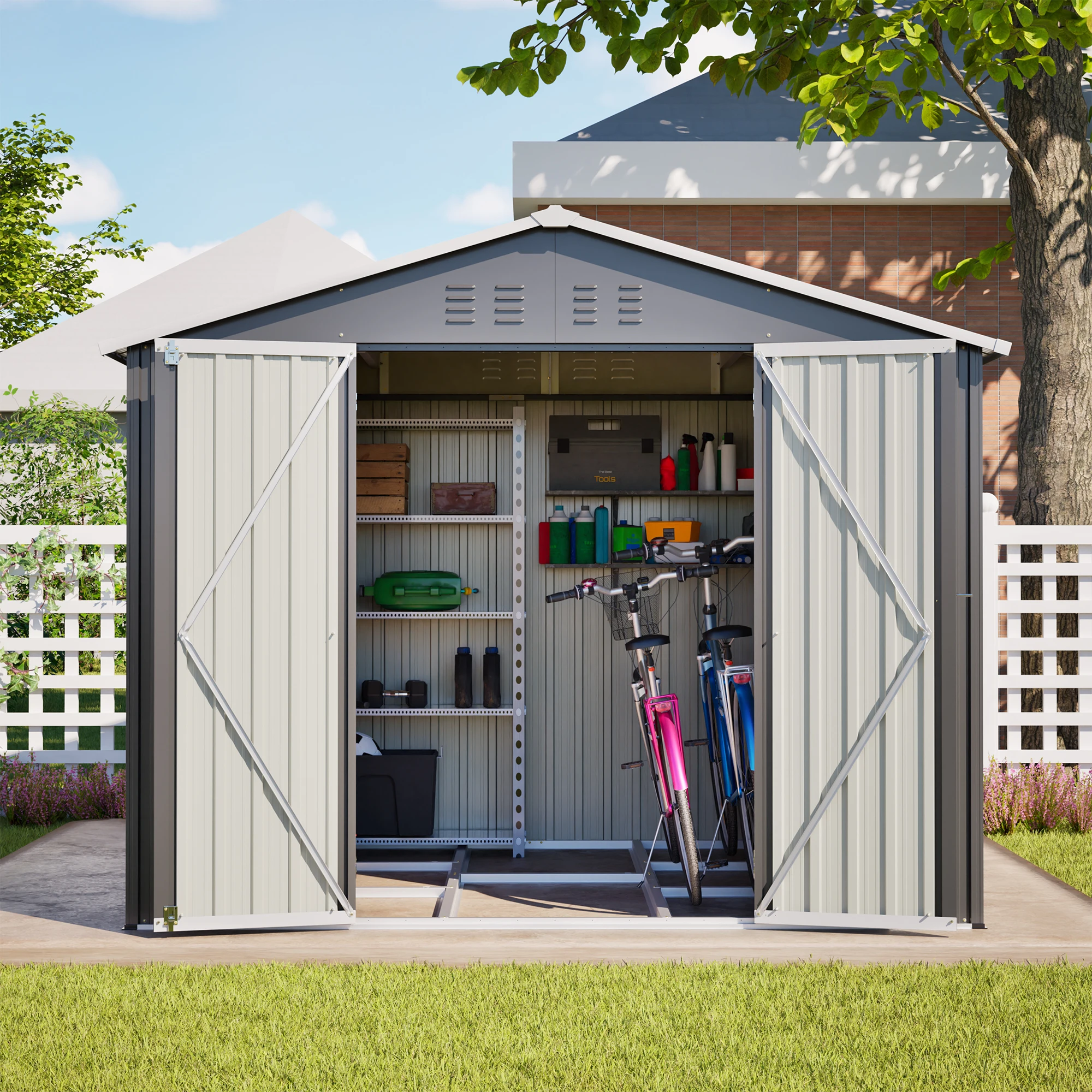 Abri de jardin en métal 249×190×191 cm avec portes doubles verrouillables, abri de rangement pour outils de jardin imperméable et antirouille, abri de jardin anti-corrosion