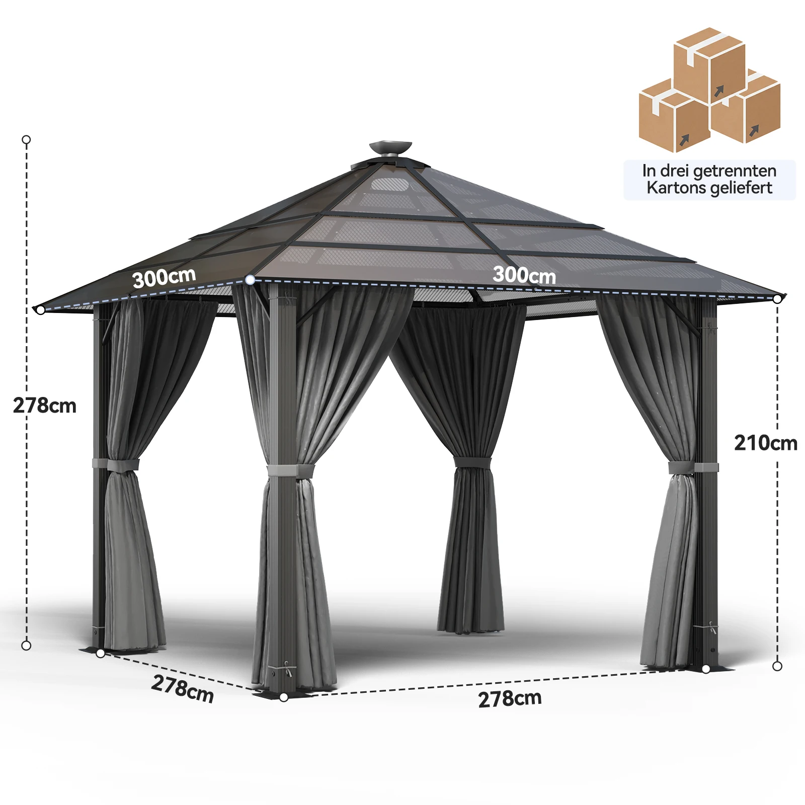 Pavillon de jardin en aluminium 3x3 m avec éclairage LED, toit en polycarbonate, tente de jardin robuste avec rideaux, résistant aux UV et aux intempéries, idéal pour le jardin ou la zone de piscine