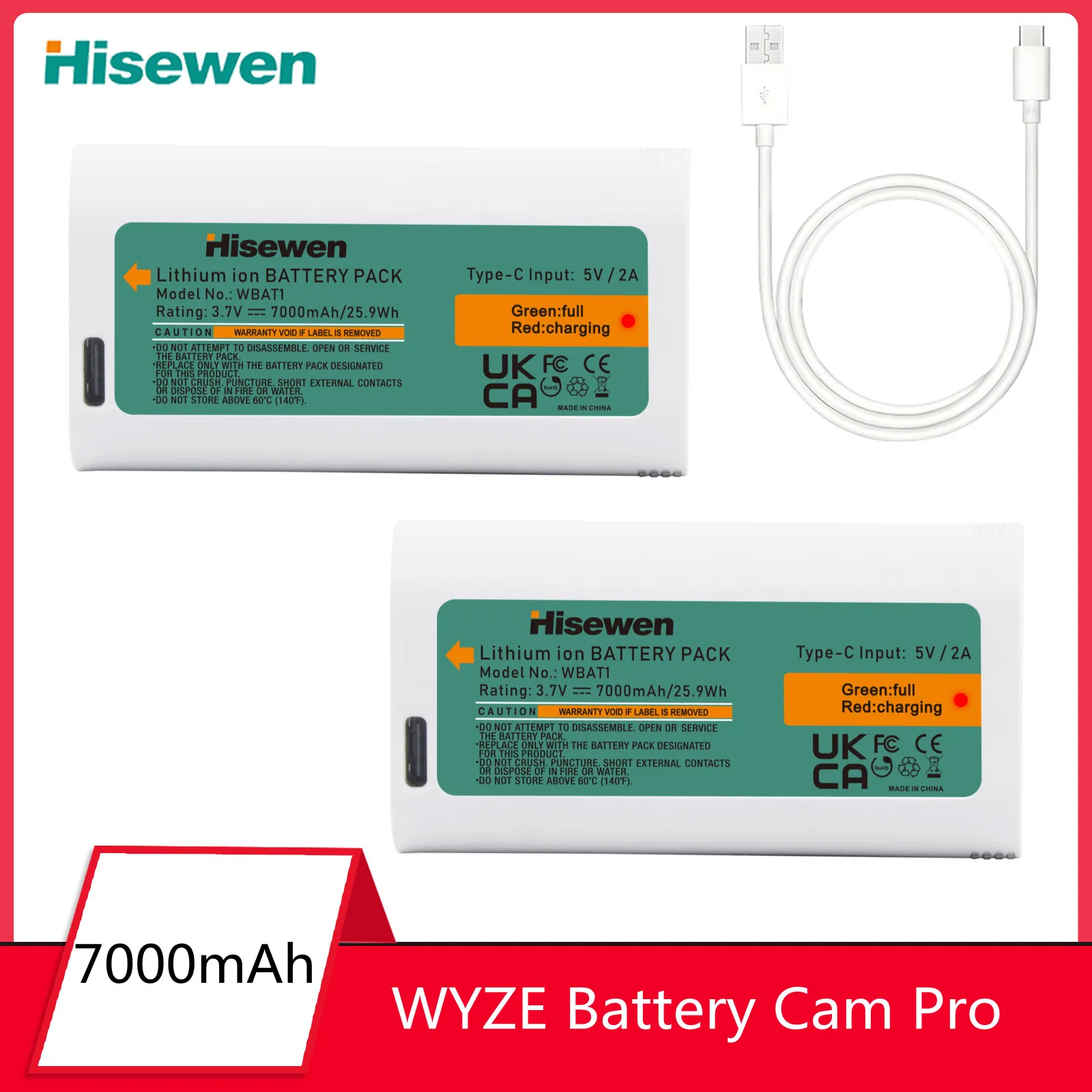 Batterie 7000mAh pour sonnette Cam Pro et Duo Cam WYZE, caméra Cam Pro, batterie de chargement USB-C