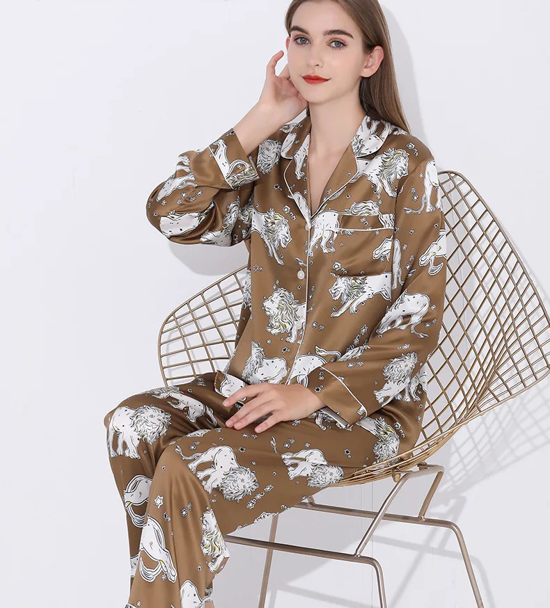 Pyjama imprimé bleu marine à manches longues pour femmes, vêtements de nuit 2 pièces, pyjama de service à domicile, 100% pur