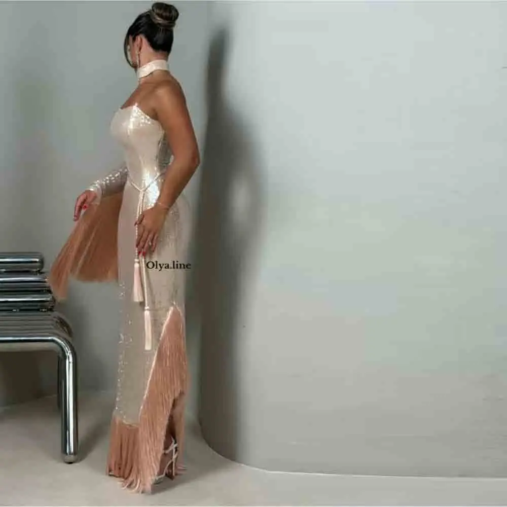 Customized Champagne Sequin Evening Dress One Shoulder Fringe Formal Gown For Arabic Party Asymmetrical Hem Wedding Guest Outfit