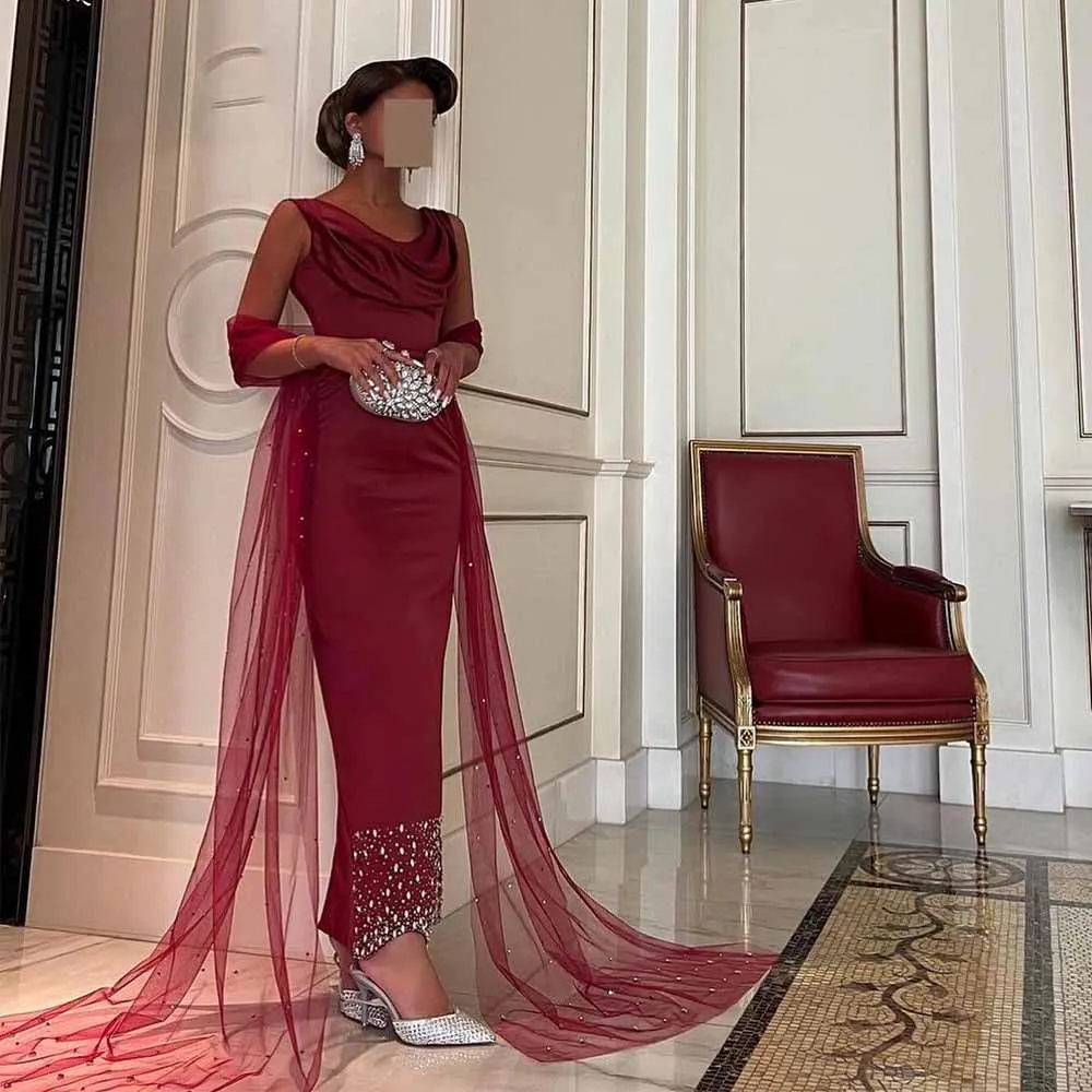Luxury Women's Cocktail Party Dresses Satin Sheath/Column Valentine's Day Dress Burgundy O-Neck Draped Crystals Shawl Prom Gown