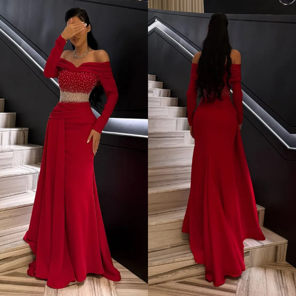 Customized High Quality V-neck Red Stain Evening Dresses Beaded Floor Length Backless Zipper Three Quarter Vestidos Para Boda