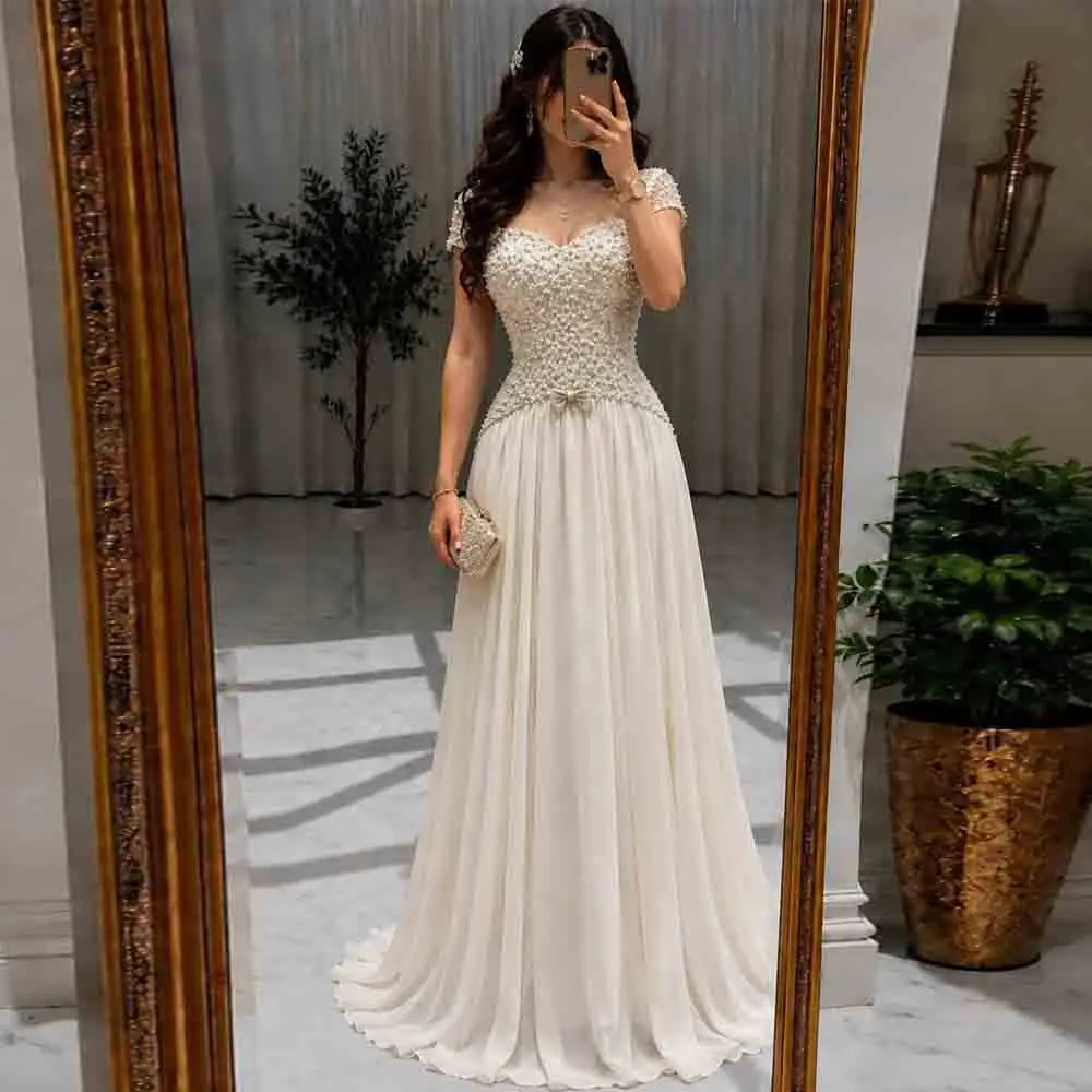 Customized Sweetheart Heart Neck Evening Gown Short Cap Sleeves Full Pearls Beaded Prom Gown Flowy Chiffon Formal Maxi Dresses