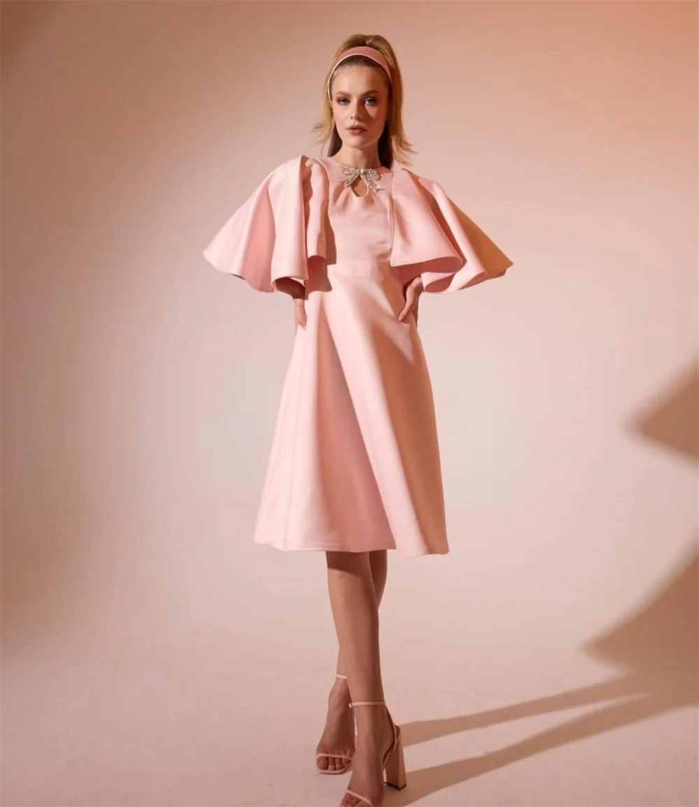 Customized Modern Style Fashion Jersey Pleat Bow Pearl Sequined A-line High Collar Knee Length Dresses Cocktail Dresses Casual C