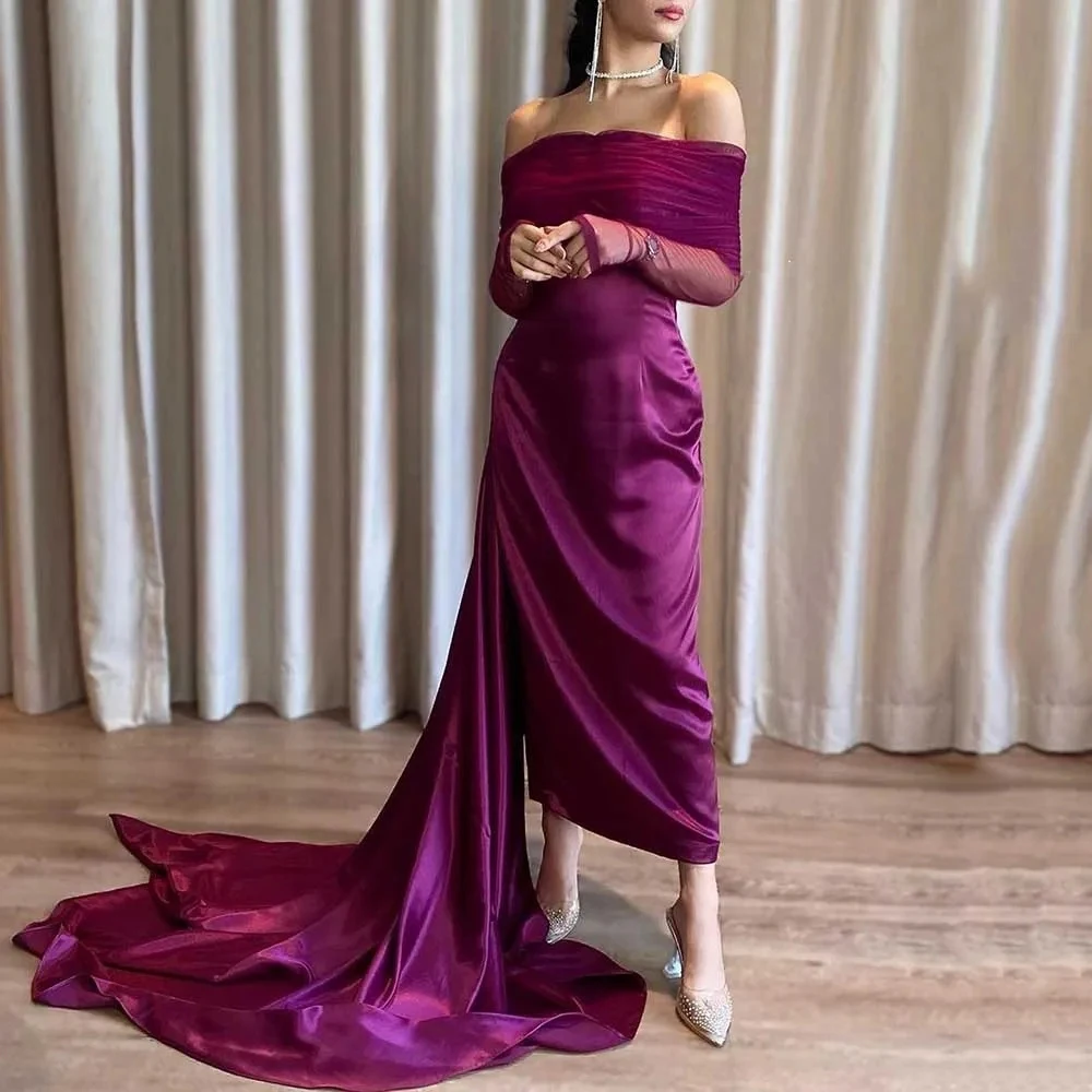 Customized Yipeisha Sexy Grape Stain Mermaid Evening Dresses Off The Shoulder Tea-Length Dress Sweep Train Pleat Formal Party Go