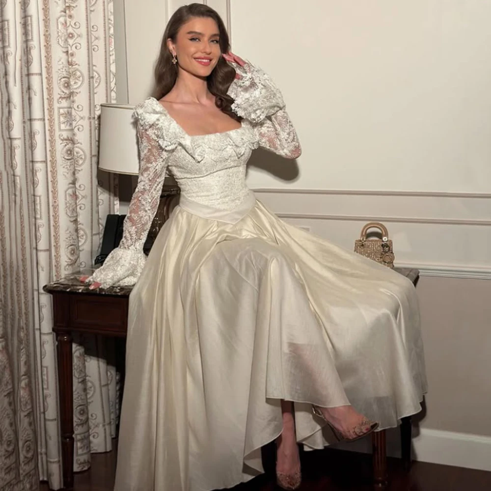 Customized ILLUSION Lace Square Collar A-line Chiffon Evening Dress Full Sleeves Drpaed Backless Floor Length Party Prom Gown