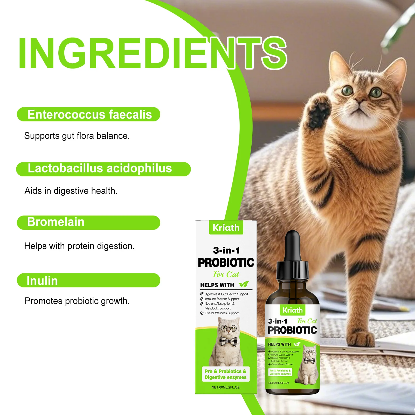 Cat 3-in-1 Probiotic Drops - Supports Gut Balance, Easy Absorption & Daily Supplement - Aids Digestive Comfort & Immune Health