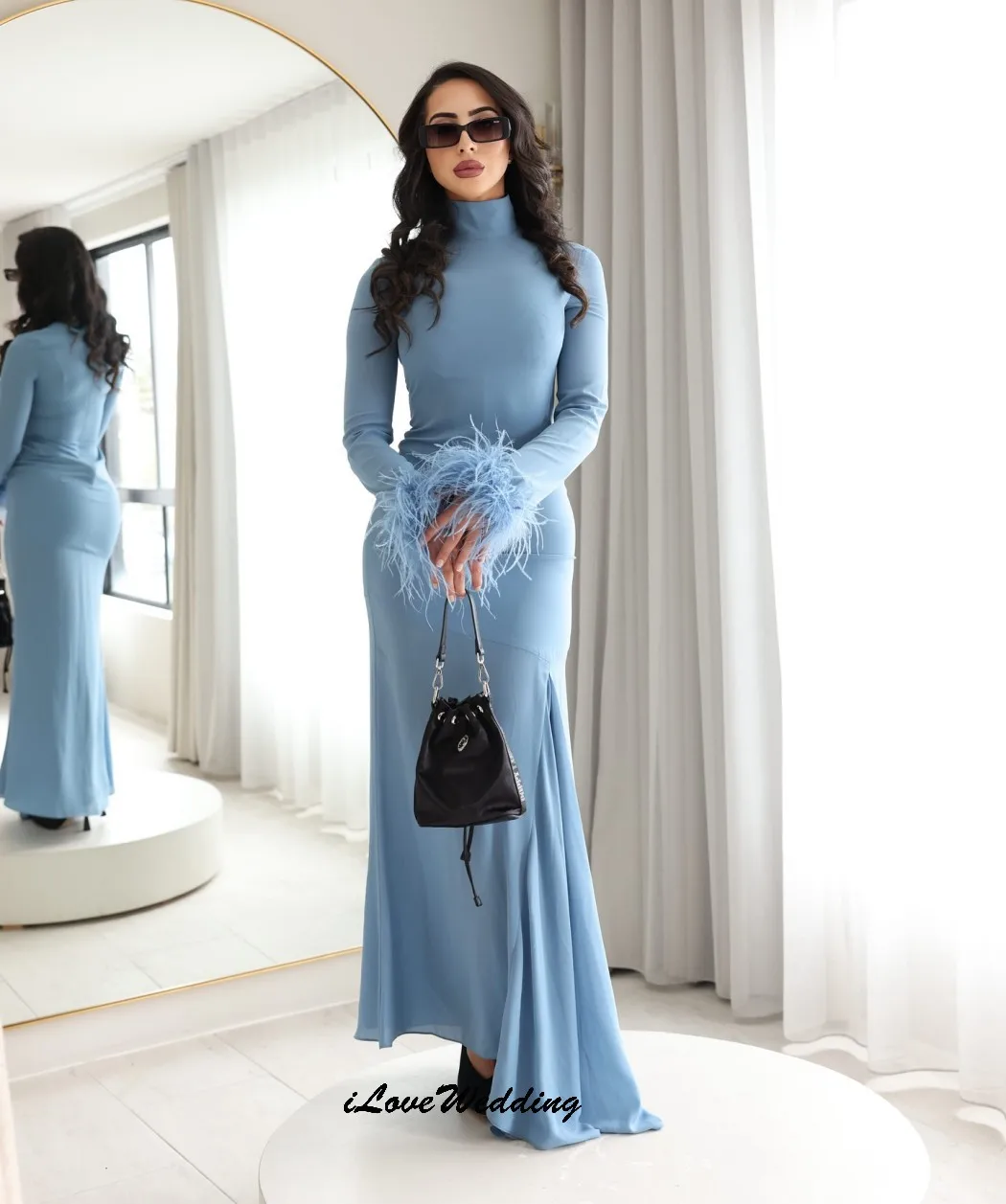 Customized High Neck Blue Evening Dresses Feathers Long Sleeve Mermaid Pleated Formal Gowns Elegant Simple Women Party Dress