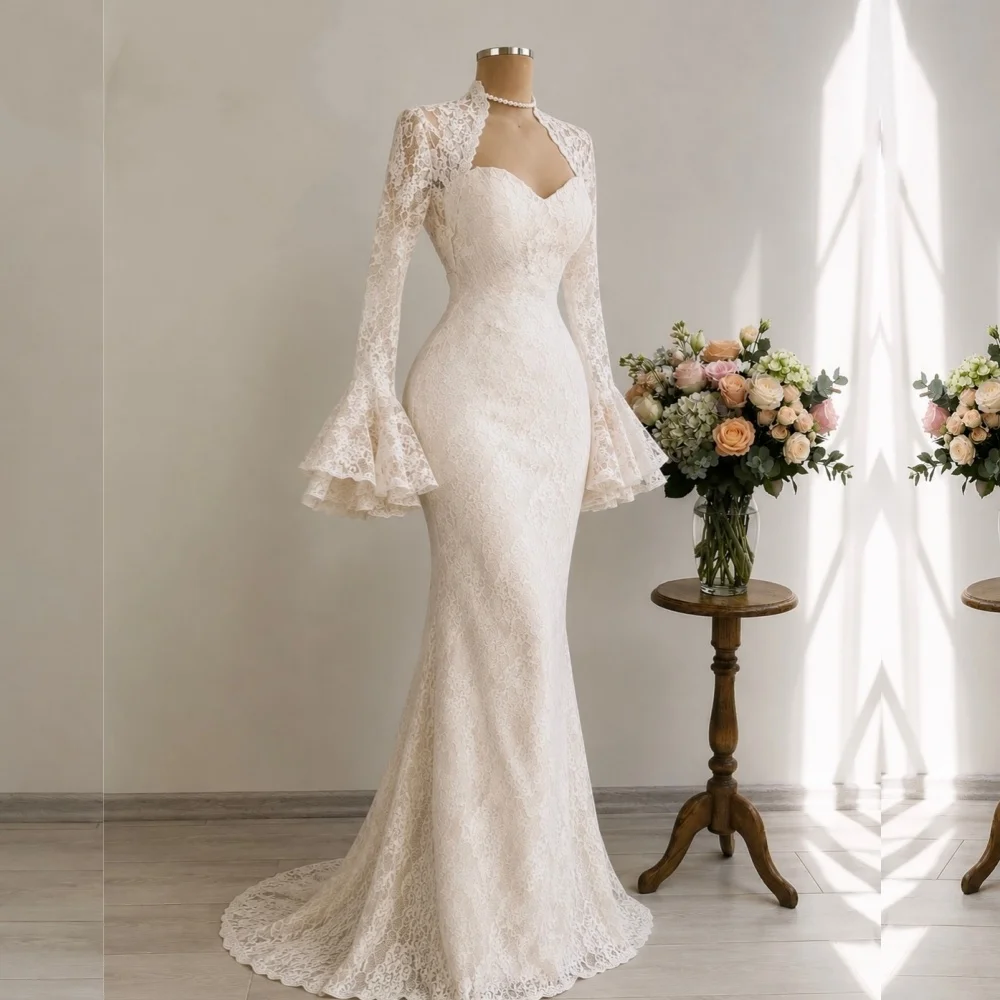 Customized High Quality Two-piece Dress Exquisite Mermaid Lace Long Sleeves Wedding Party Dress for Banquet Elegant Formal