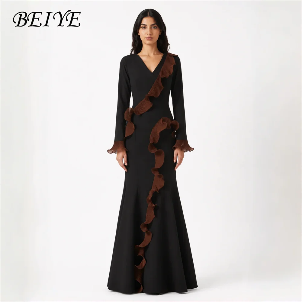 BEIYE Classic Long Sleeves V-Neck Mermaid Evening Dresses Women 2026 Pleat Ruched Prom Dresses Formal Party Gowns Customized