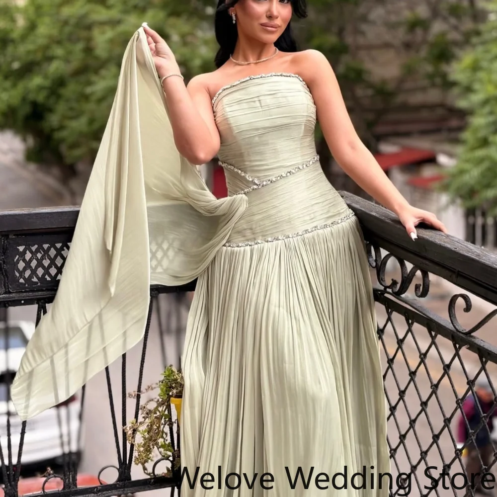 Customized Sage Green Modest Evening Gown Strapless Beaded Trim Structured Corset Bodice Pleated Chiffon A‑Line Maxi Skirt