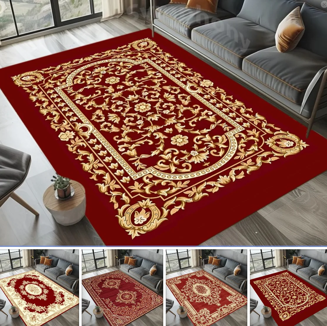 Red Gold European Medallion Area Rug Carpet Mat Collection Non-Slip Easy Clean for Living Room Bedroom Office Home Decor Mat