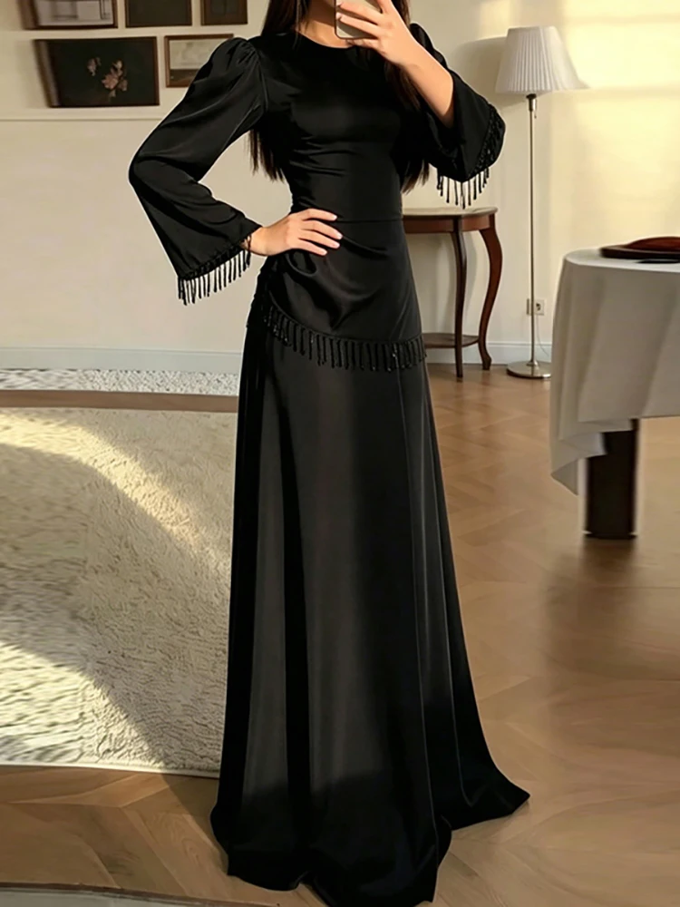 Temperament Tassel Splice Slim Fit Dress Simple Solid Long Sleeved A-Line Dress Elegant O-Neck High Waist Banquet Evening Dress