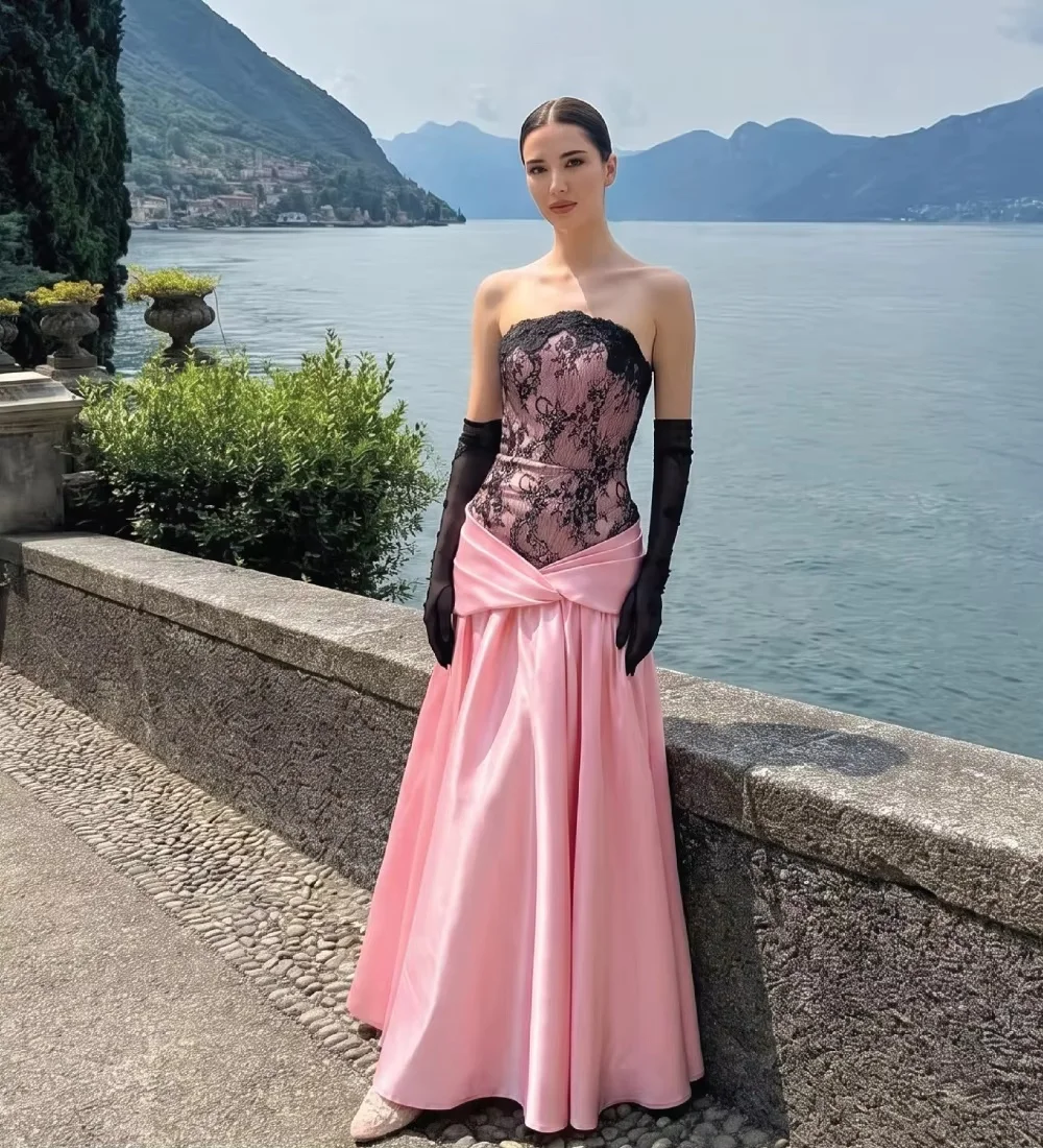 Pink Lace Strapless Long Bespoke Occasion Gown Evening Dresses Pastrol Unisex Jersey Retro Dubai Saudi Arabic Prom Customized