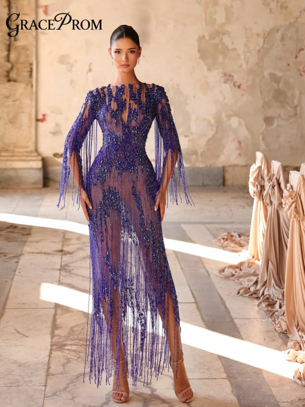 Exquisite Tassel Fringe Beaded Evening Gown Round Neck Illusion Deep V Formal Wedding Guest Dress For Pageant Party فساتين سهرة