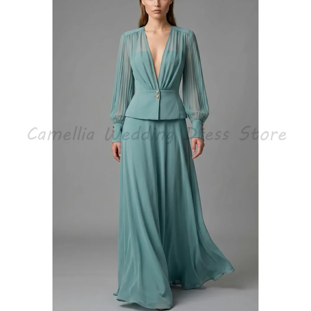Formal Dress V Neck Pleated Long Sleeve Chiffon Top High Waist Wide Leg Maxi Pants Wedding Guest Evening Outfit
