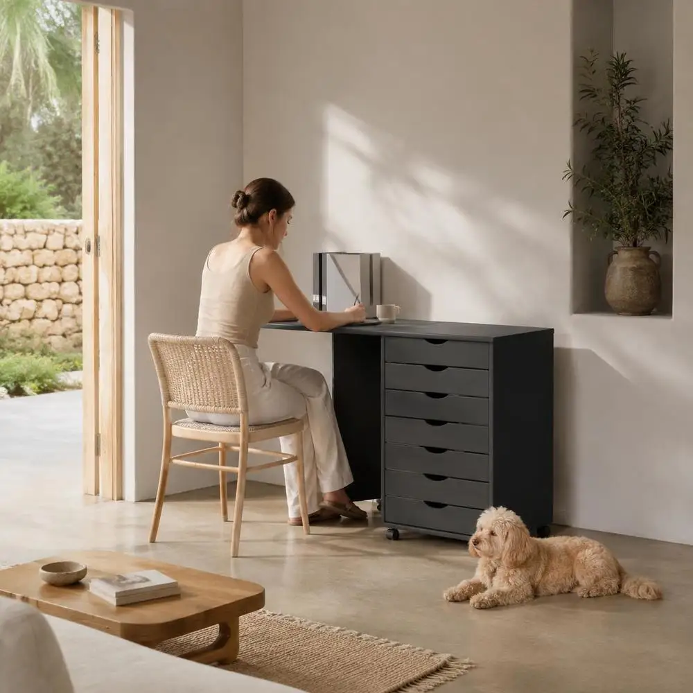 Erschwinglicher Rollschrank mit Schreibtisch in Moosgrau aus massivem Kiefernholz, modernes Design, perfekt für Zuhause/Büro