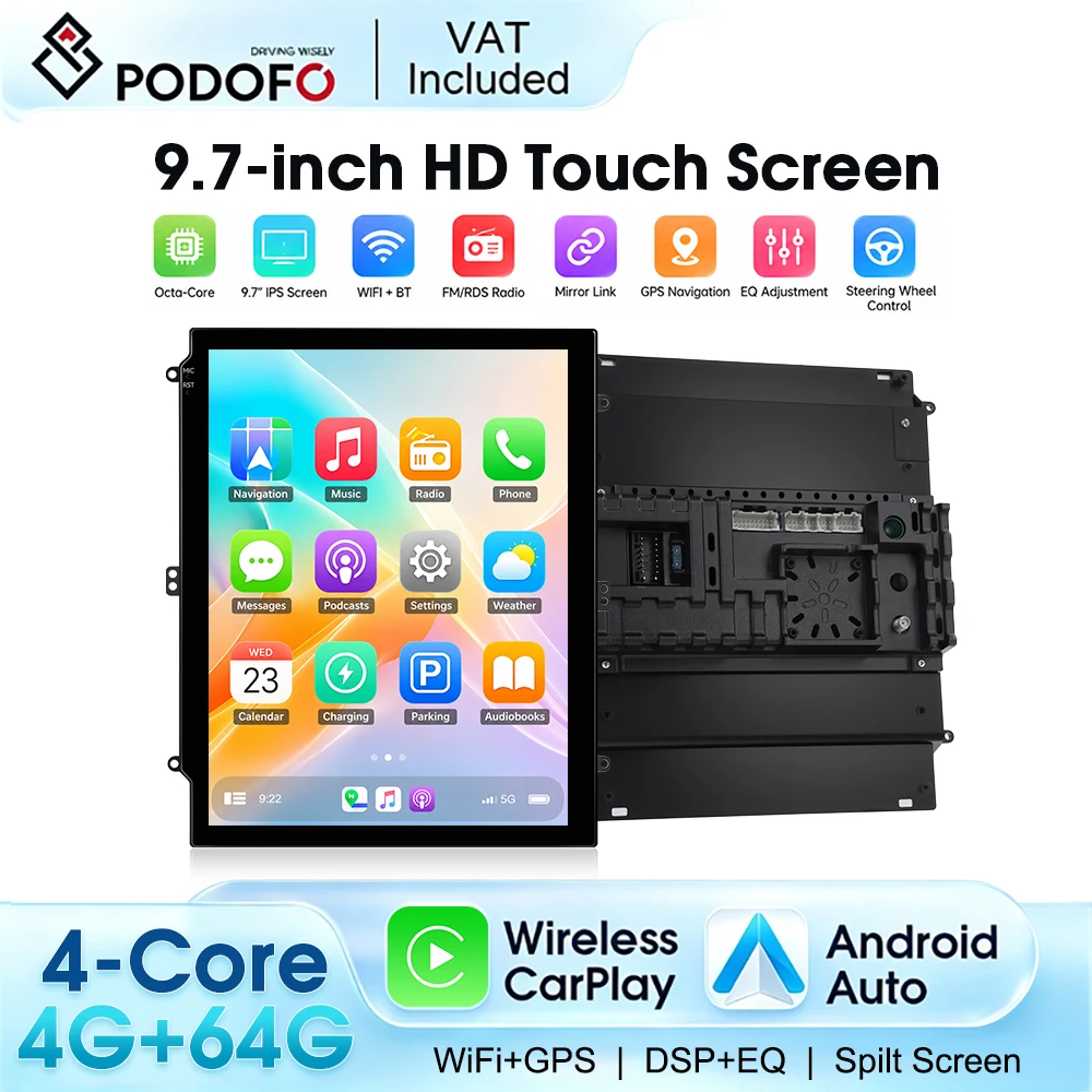 Podofo 9.7 Inch Vertical Screen In‑Dash Car Multimedia Head Unit Auto GPS Navigation Player, Universal Android Car Stereo Wireless Carplay Wireless Android Auto Mirror Link BT GPS FM RDS
