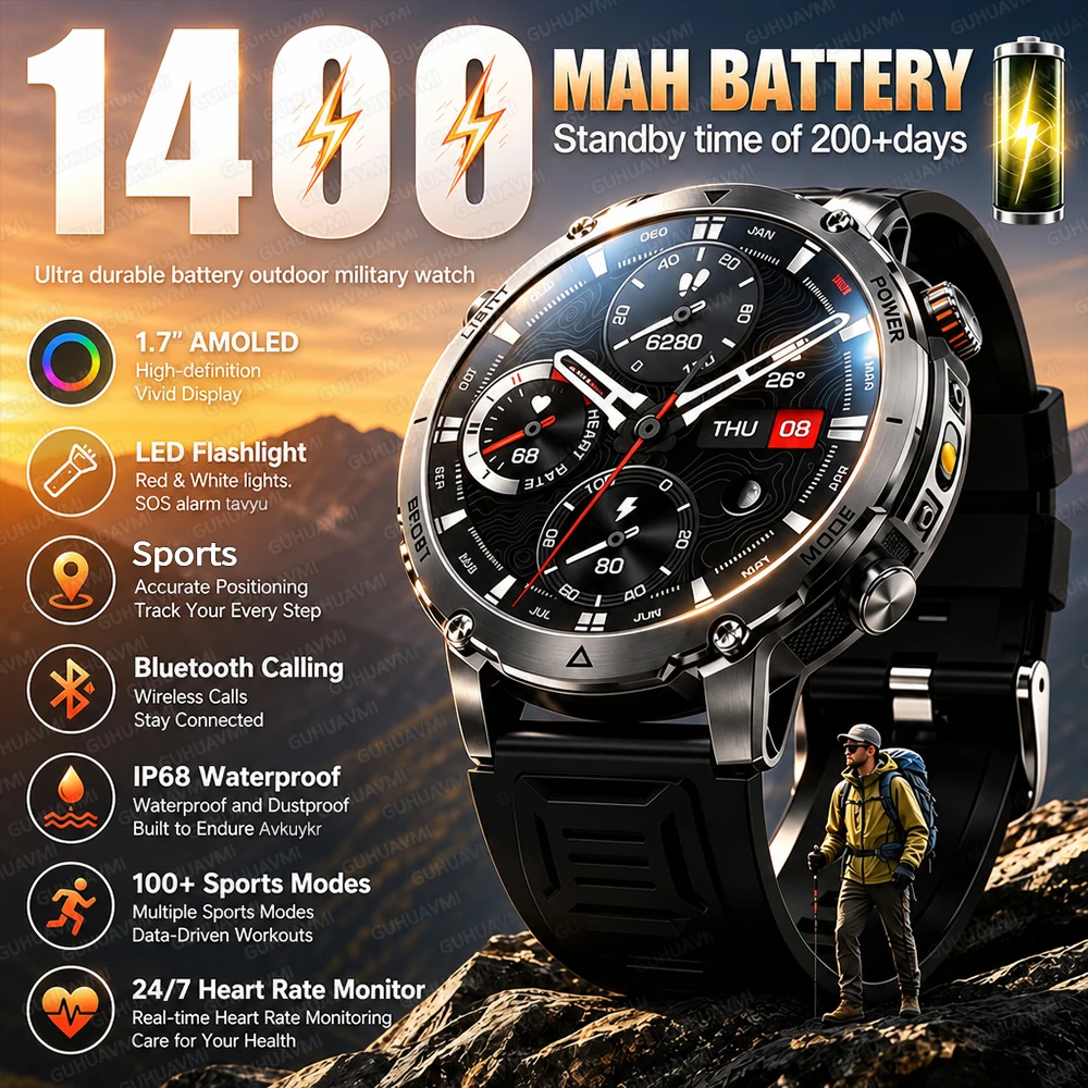 2026 Neue Herren-Smartwatch mit 1400mAh Ultra-Akku, AMOLED-Bildschirm, Bluetooth-Anruf, IP68 wasserdichtem Armband, LED-Taschenlampe, Outdoor-Sport-Fitness-Smartwatch