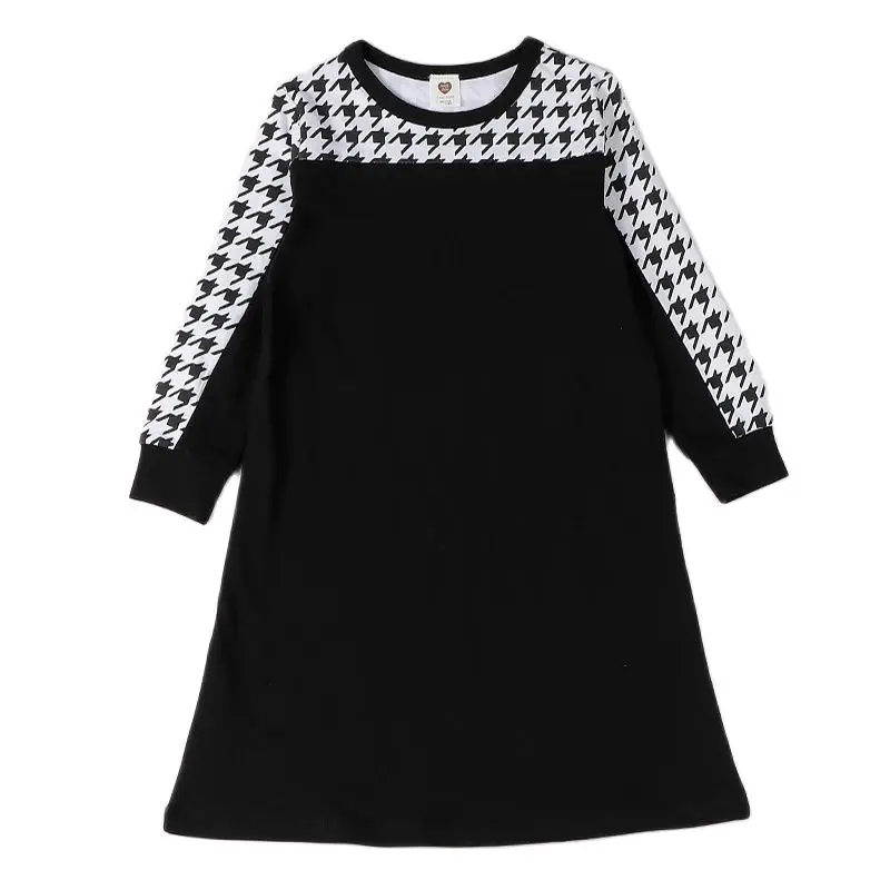 Robe pour filles, vêtements pour enfants, manches longues, en coton, vêtements pour enfants, robe noire pied-de-poule, vêtements décontractés pour filles, style preppy long
