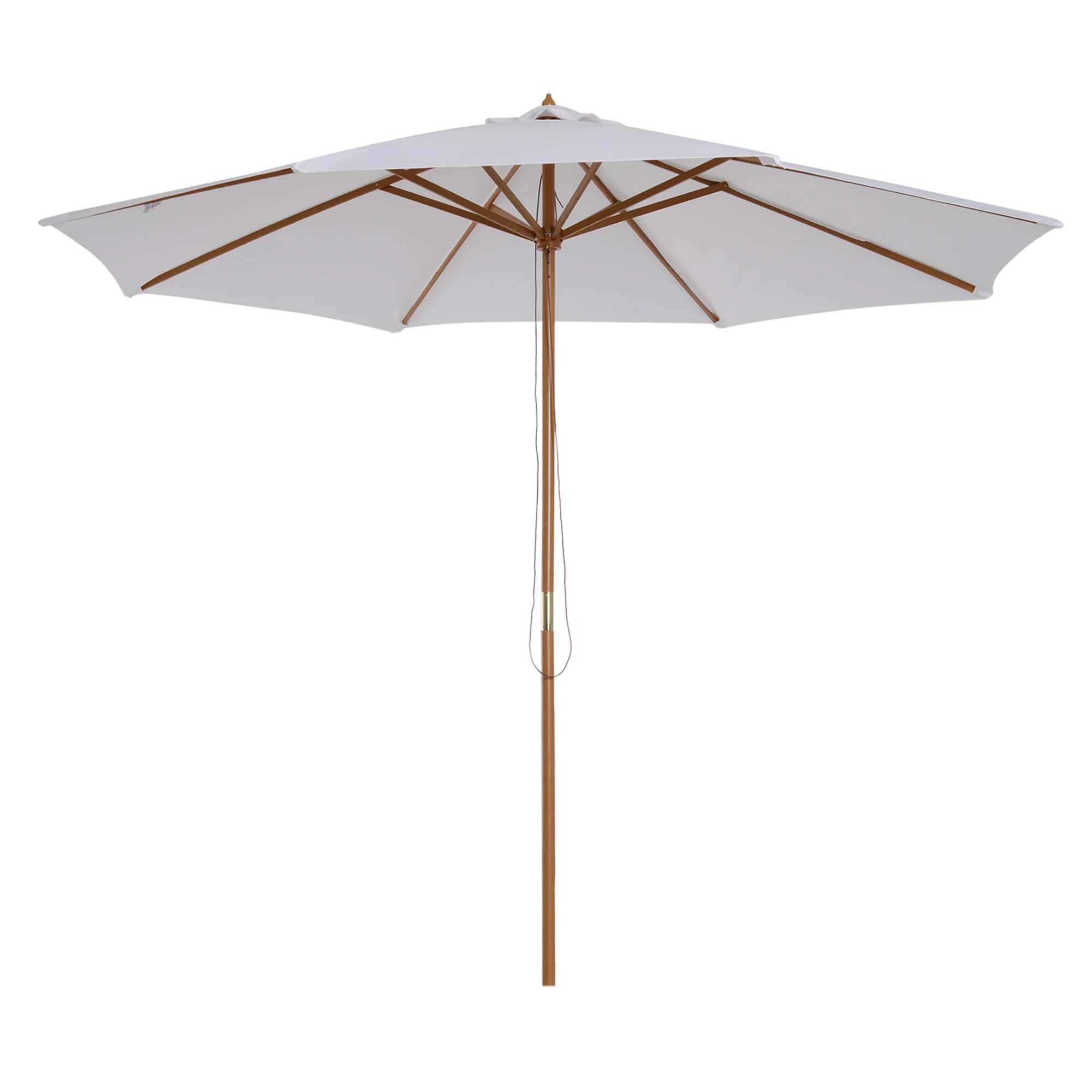 Parasol de jardin classique en bois 300 cm, grand parasol de jardin avec 8 baleines en bambou, blanc crème, auvent en polyester résistant à l'eau, protection UV, système de poulie facile, pour jardin, terrasse, balcon