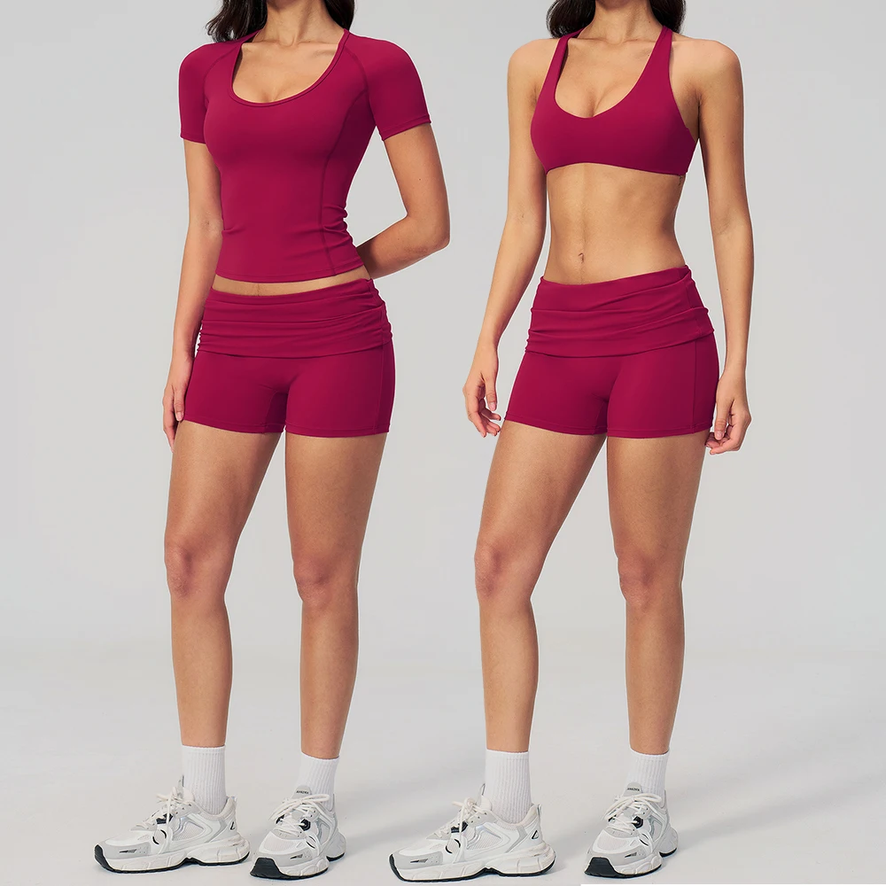 Ensemble de yoga 2 pièces pour femme : tenue de sport, survêtement fitness, haut à manches courtes, soutien-gorge de sport, short de sport, ensembles d'entraînement, ensemble de gym