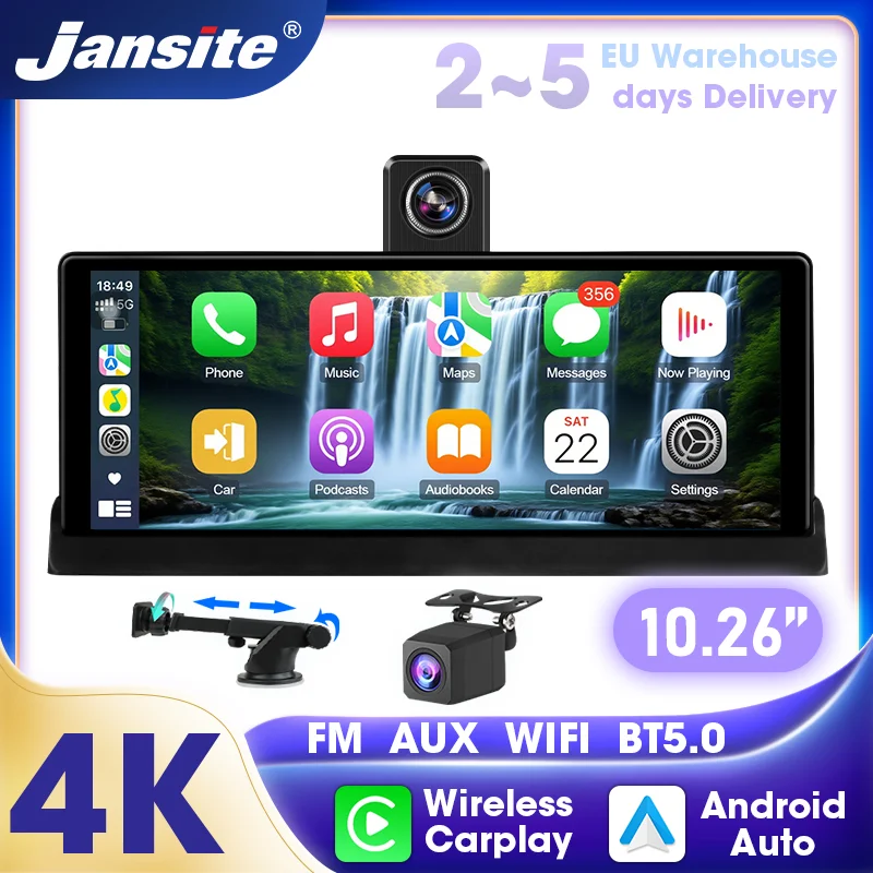 Jansite Autoradio portable 10,26 pouces avec navigation GPS sans fil, caméra embarquée 4K DVR, enregistreur vidéo et caméra de recul, écran tactile, système d