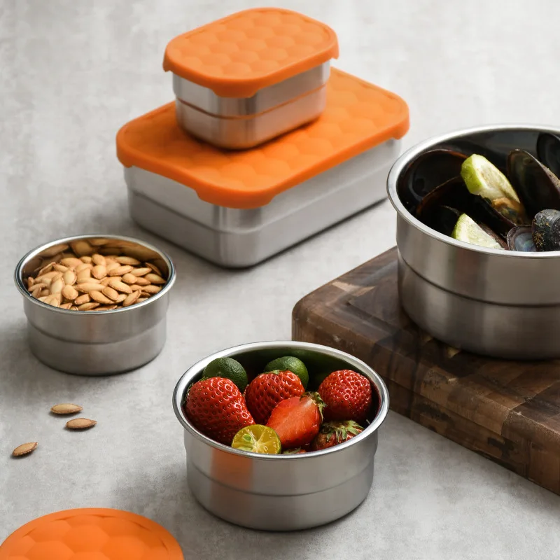 Boîte de stockage des aliments en acier inoxydable avec couvercle en Silicone, boîte de conservation des aliments frais pour déjeuner Portable, réfrigérateur, congélateur, organisateur de nourriture de cuisine