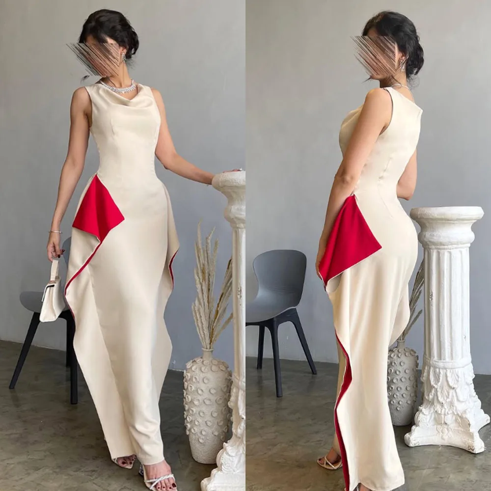 Customized High Quality Sleeveless Halter Ankle Length Color Contrast Women Evening Prom Grace Robe De Soirée Bleu Dresses