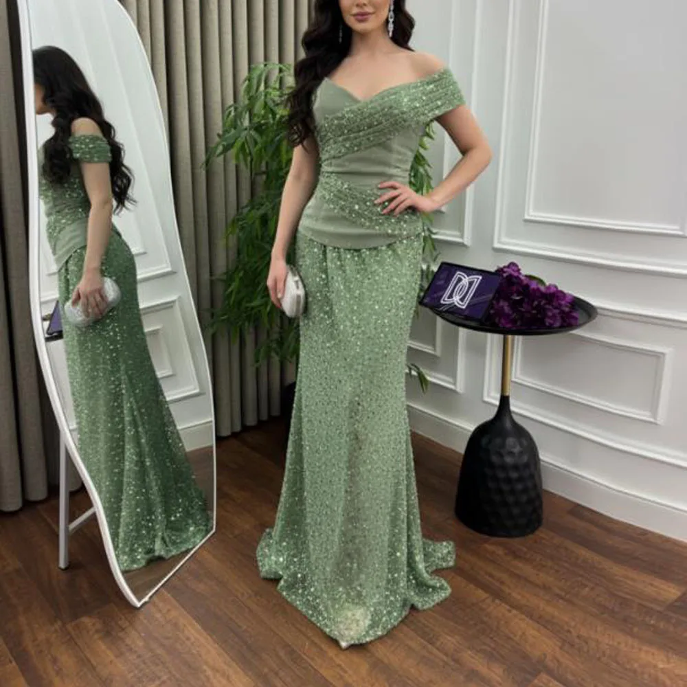 Customized Glamorous Green Sequin Evening Dresses Off the Shoulder Beaded Party Gown Pleat فستان سهرة نسائي