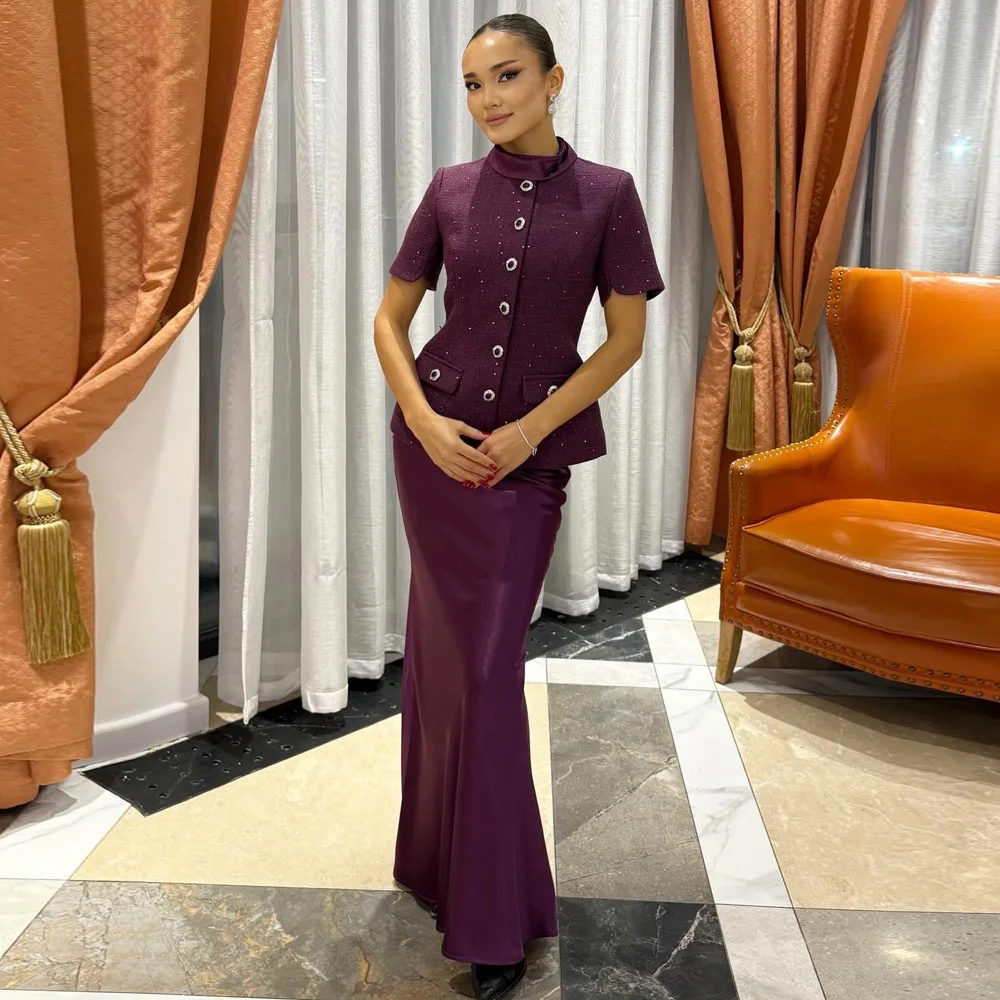 Customized Chic Two Piece Sets Evening Dress Stand Collar Short Sleeves Spliced Pocket Wedding Guest Attire Tweed Top Outfit