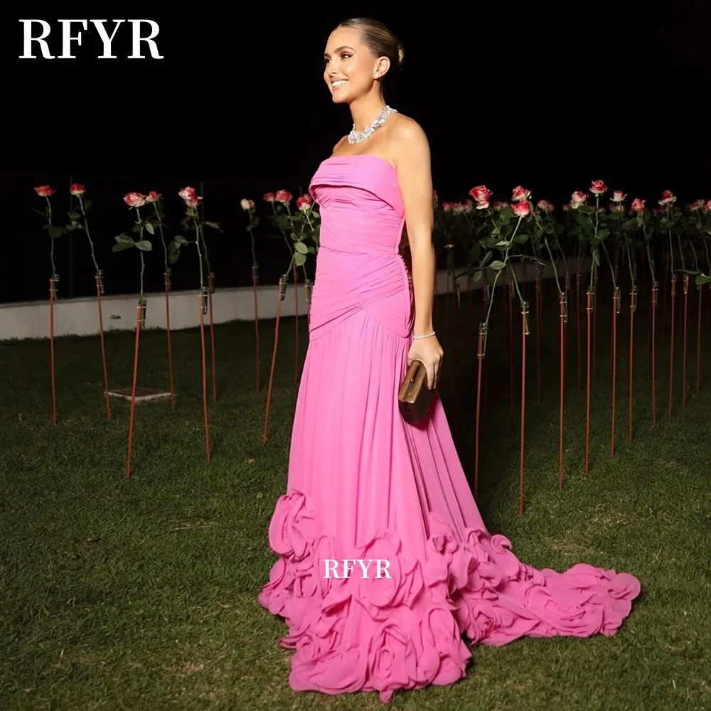 RFYR Fuchsia A Line Prom Dress with Pleats 3D Flowers Party Dress A Line Evening Dress Gala Dress vestidos de fiesta Customized