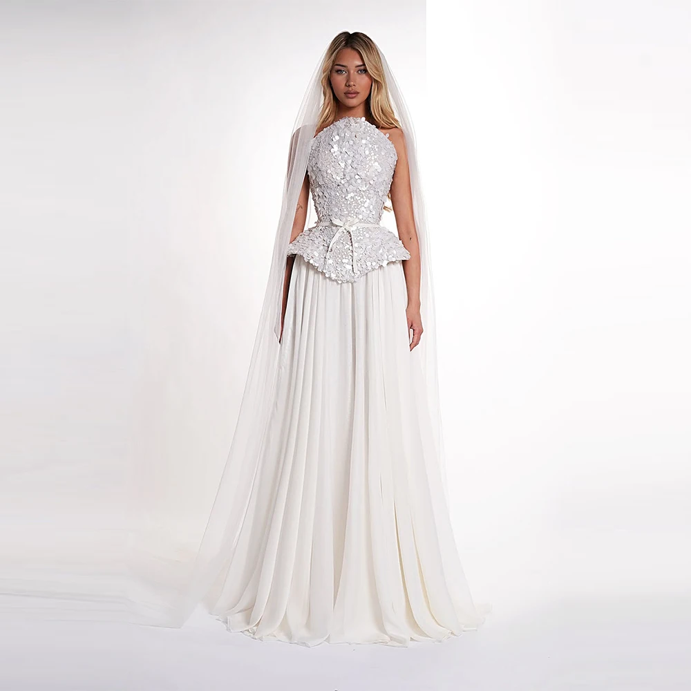 Graceful Sequined Strapless Evening Dress Fashion Sweep Train Bow Pearls Belt Customized Celebrity Gowns Soft Chiffon Party Gown