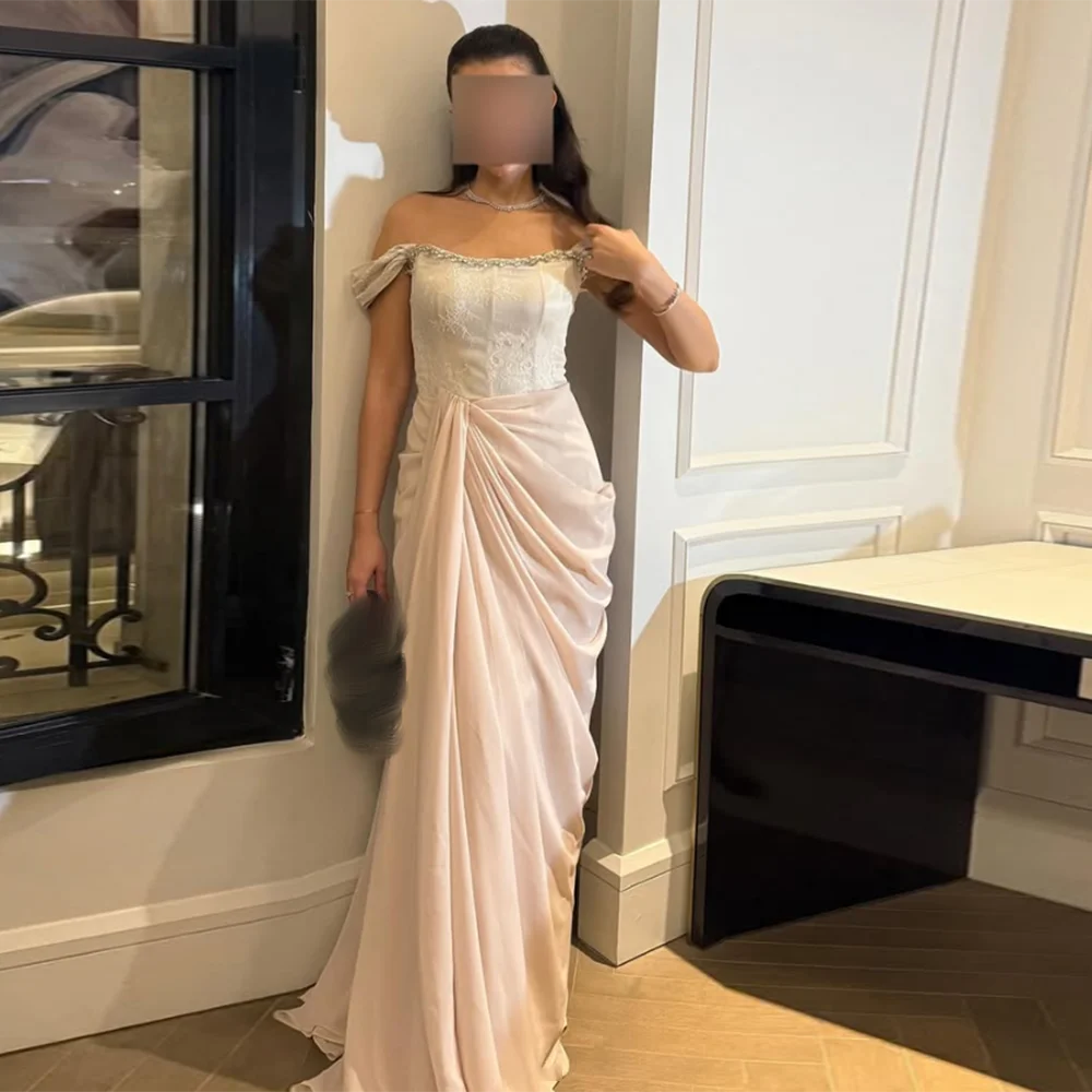 Customized Boat Neck Evening Dresses Off The Shoulder Lace Draped Sequined Beading Long Prom Gown Backless mermaid Party Dress