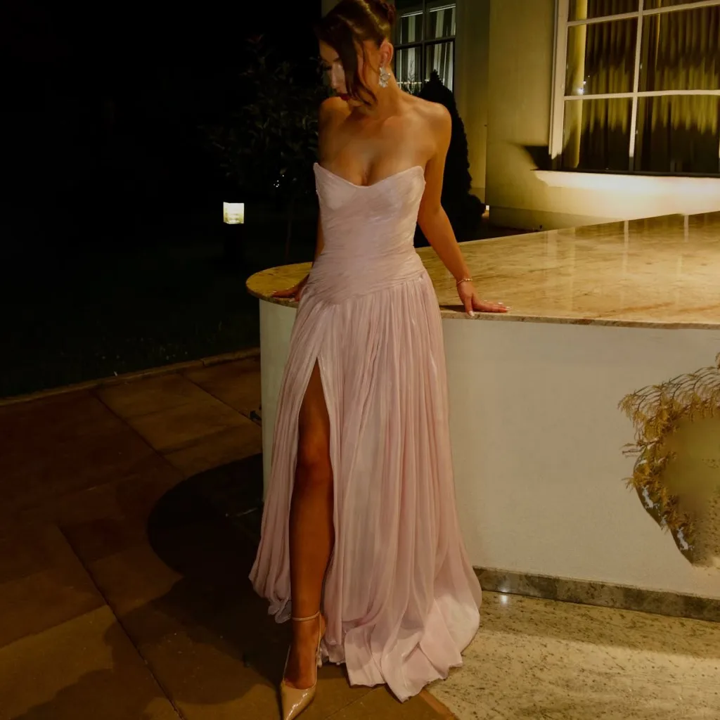 Sevintage Blush Pink Strapless Ruched Maxi Evening Dress Shiny Crinkle Crepe High Slit Pleated Formal Prom Party Gown Customized
