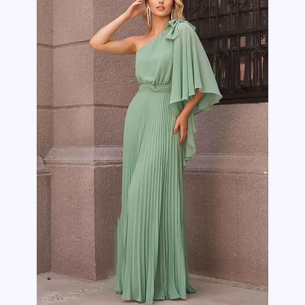 Green Chiffon Evening Dresses Pleats One Shoulder Floor Length A Line Gown Short Sleeves Prom Party Dress 2025 Modern Style