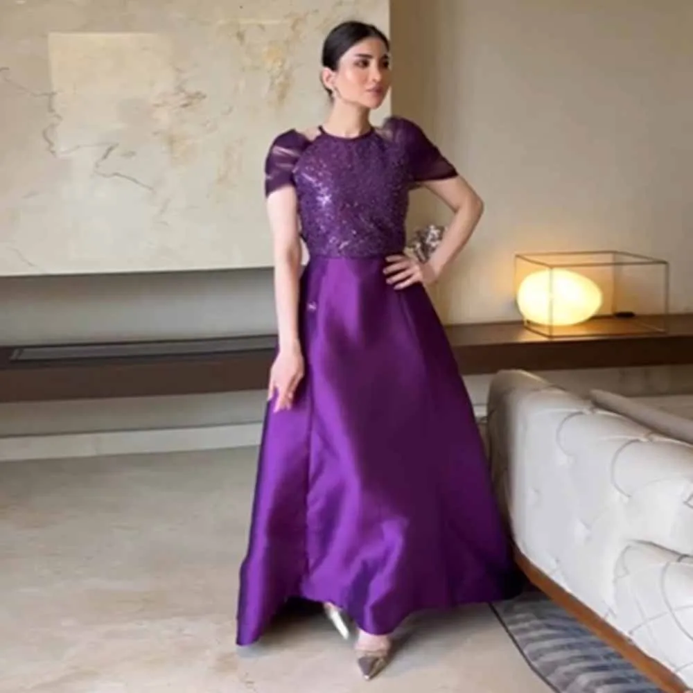 Dubai Special Occasion Dresses Satin A-line Evening Dress Purple O-Neck Lace Sequined Pearls Draped Ruched Sorority Formal Dress