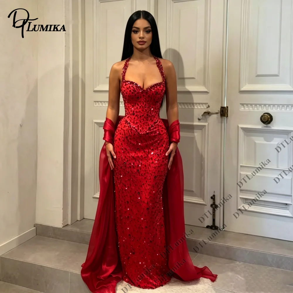 Customized Luxury Crystal-Embellished Halter Evening Gown with Satin Shawl Sexy Mermaid Prom Dresses Wedding Party Gowns Pageant
