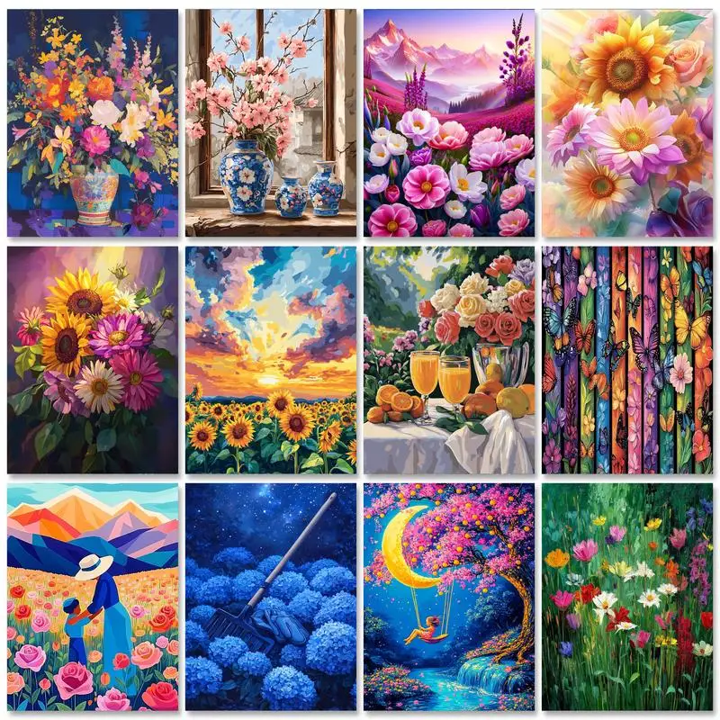 RUOPOTY bricolage peinture par numéros avec cadre pour adultes Kits montagne peinture acrylique sur toile fleurs photo par numéros bricolage cadeau