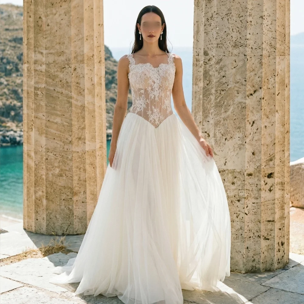 Customized High Quality Wedding Gown Lace Sleeveless A-line Floor-length Modern Style Party Dresses