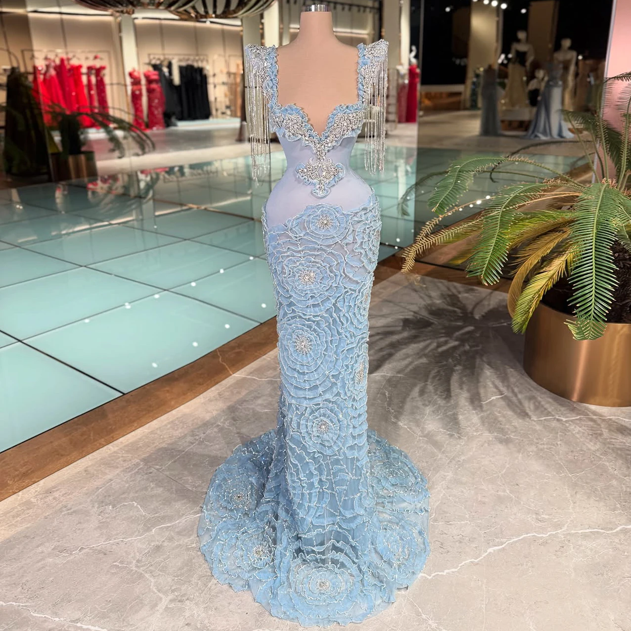 Exquisite Light Blue Sweetheart Prom Dress Mermaid Sleeveless Evening Dress Elegant Crystal Tassel Celebrity Dress Customized