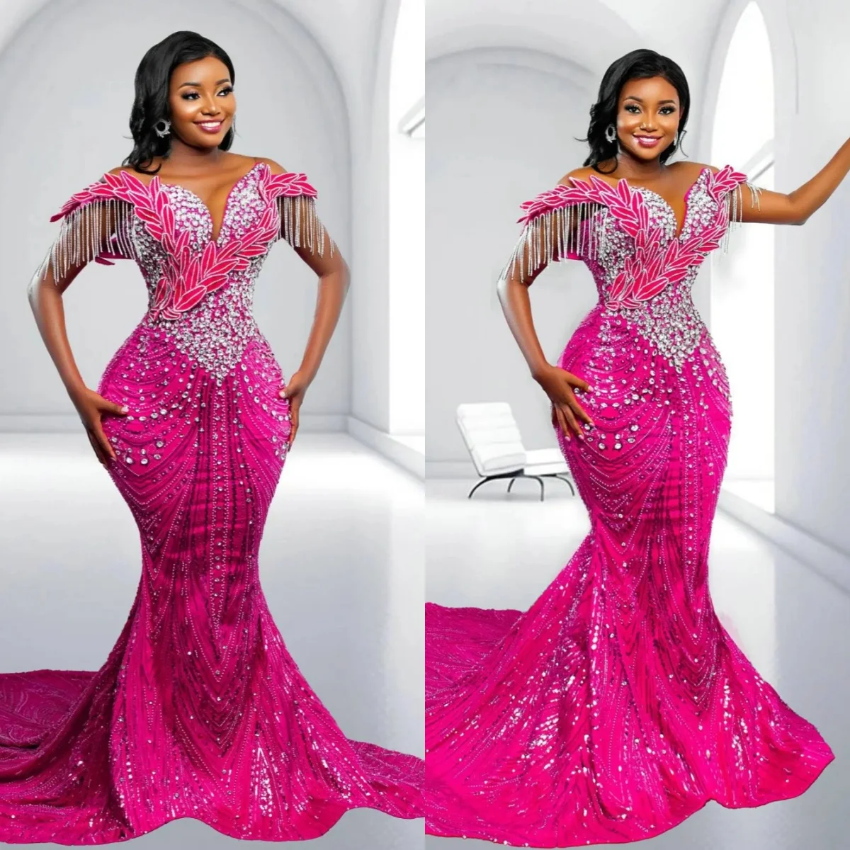 Luxury Mermaid Evening Dress Off Shoulder Beading Crystal Prom Gowns Sexy Crystal Sequins Floor Length Party Dresses Customized