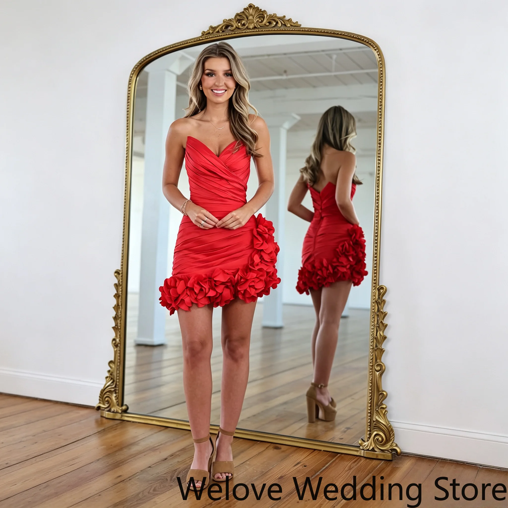 Customized Red Cocktail Party Dress Sweetheart Strapless Neck Bodycon Ruched Bodice 3D Petal Ruffle Trim Hem Back Zipper
