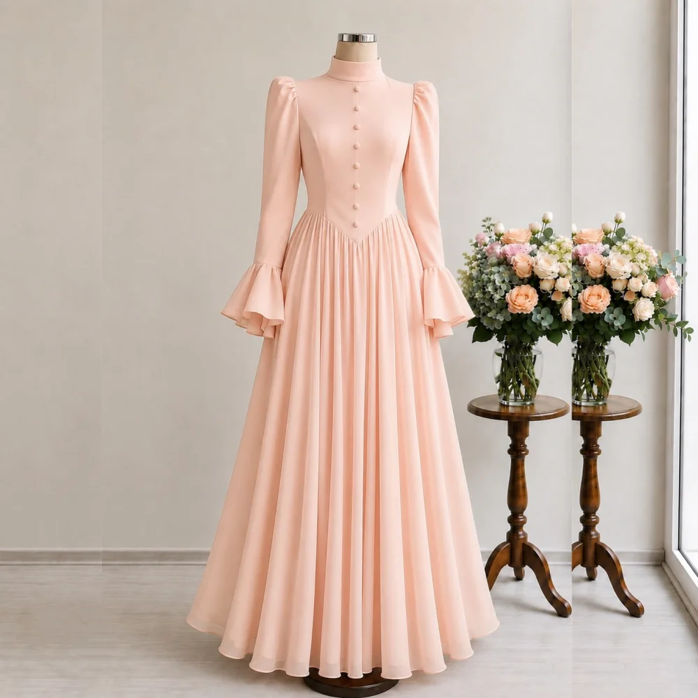 Customized Classic High Collar A-line Long Dresses Button Simple Elegant Party Wedding Pleats Evening Dress